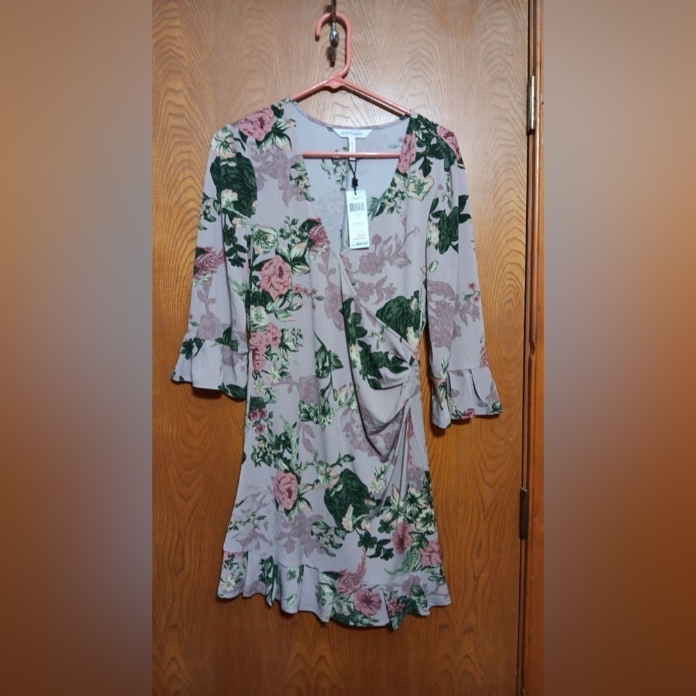 NWT BCBGENERATION Dress Violet with Floral Print in Pink and Green Large